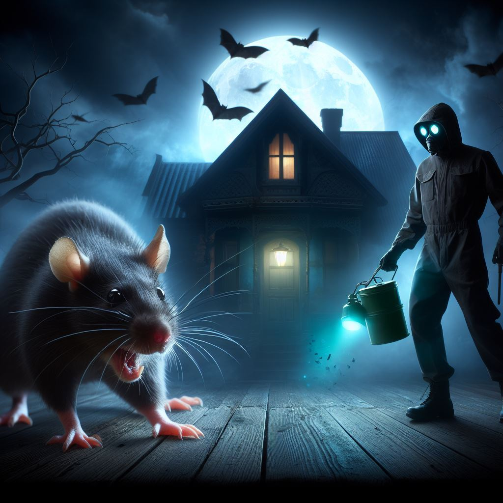 bildet er en illustrasjon som viser en rotte og en skadedyrbekjemper i bakgrunnen